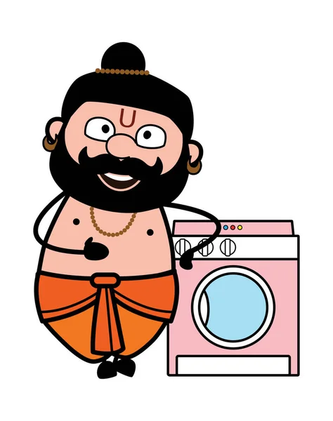 Cartoon Pandit Standing Washing Machine — Stock Vector