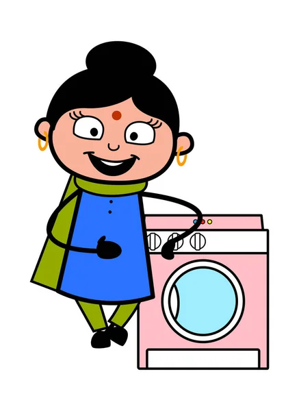 卡通人物印第安女士站在洗衣机旁 — 图库矢量图片
