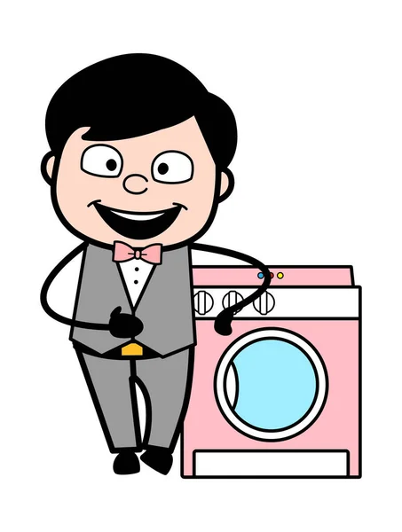 Cartoon Bruidegom Staande Met Wasmachine — Stockvector