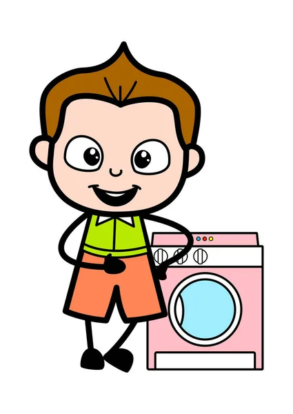 Desenhos Animados Schoolboy Com Máquina Lavar Roupa — Vetor de Stock