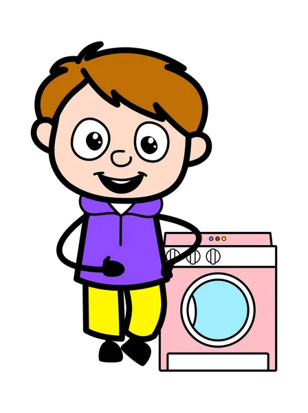 卡通男孩站在洗衣机旁 — 图库矢量图片