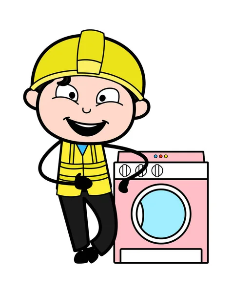 Γελοιογραφία Μηχανικός Στέκεται Πλυντήριο — Διανυσματικό Αρχείο