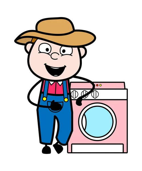 Cartoon Farmer Steht Mit Waschmaschine — Stockvektor