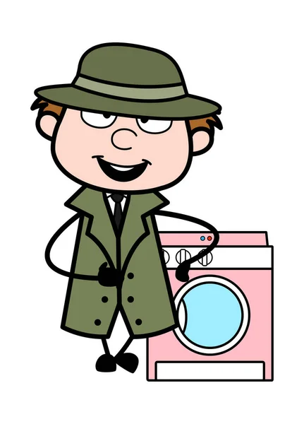 卡通间谍站在洗衣机旁 — 图库矢量图片