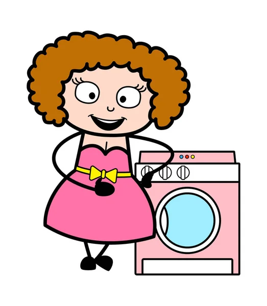 Kartun Young Lady Berdiri Dengan Mesin Cuci - Stok Vektor