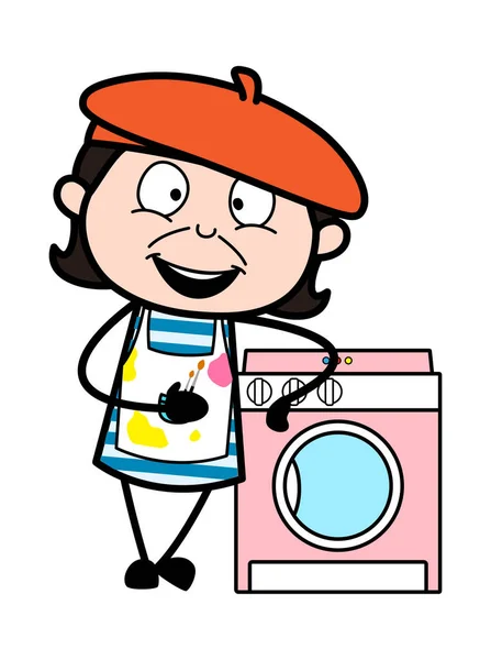 卡通人物站在洗衣机旁 — 图库矢量图片