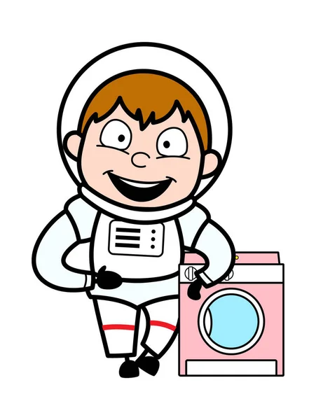 卡通宇航员站在洗衣机旁 — 图库矢量图片