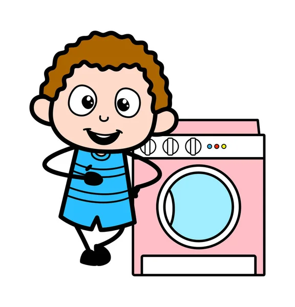 卡通小子站在洗衣机旁 — 图库矢量图片
