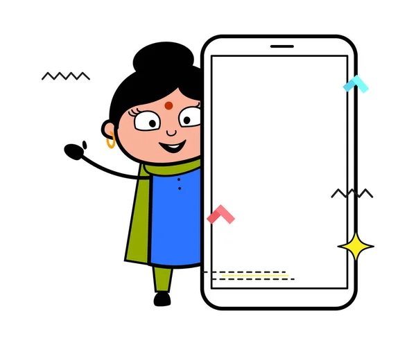 Dibujos Animados India Dama Con Pantalla Vacía Del Teléfono Celular Vector De Stock