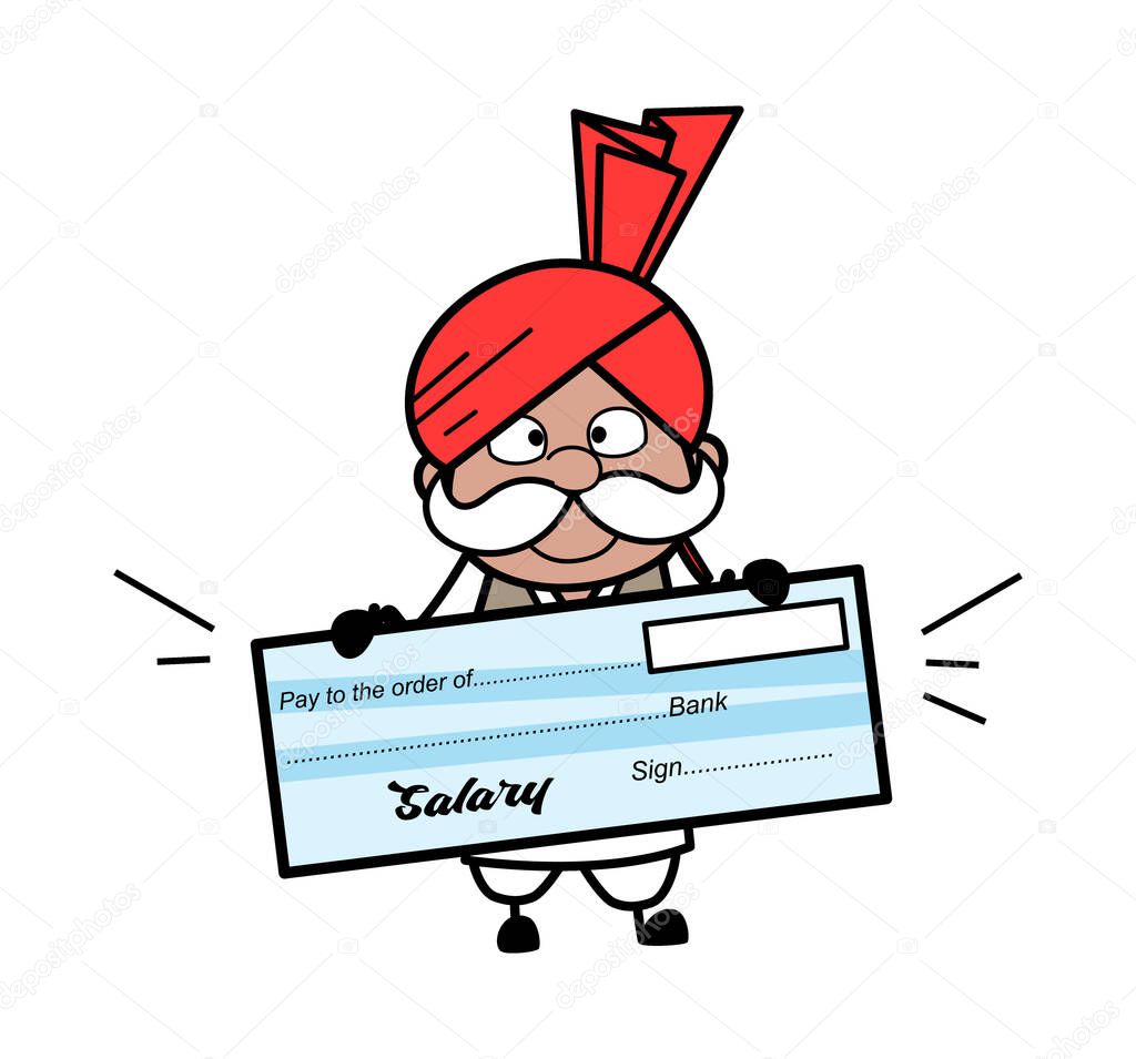 Cartoon Haryanvi Old Man holding paycheck