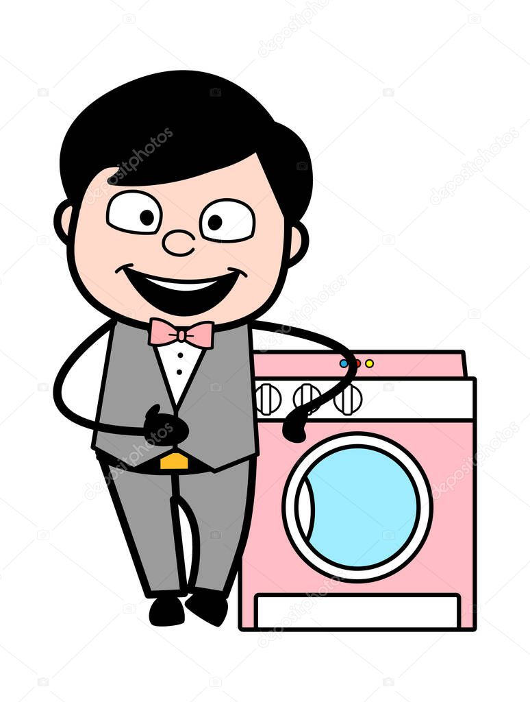 Cartoon Groom standing with washing machine