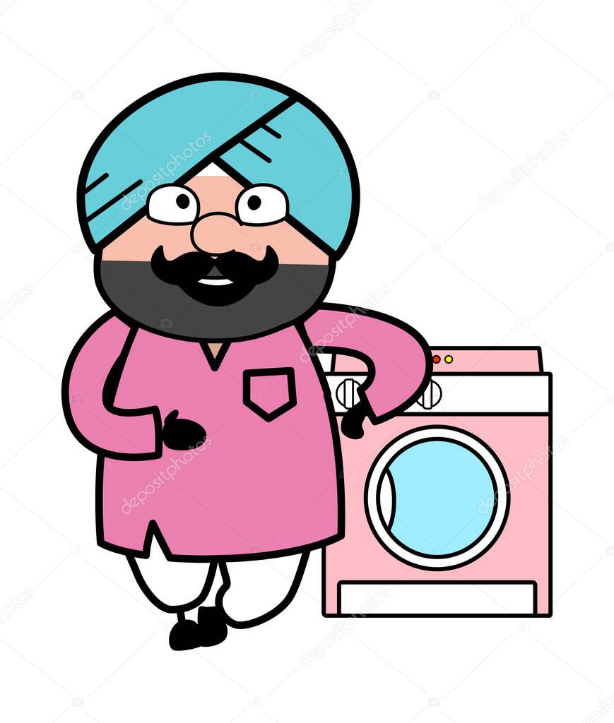 Cartoon Cute Sardar standing with washing machine