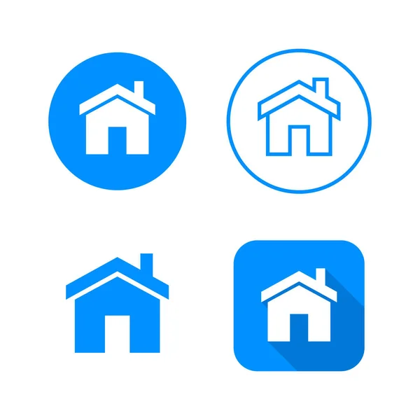 Icône d'accueil, quatre variantes, symbole classique, icône en cercle, symbole en cercle et icône plate à longue ombre — Image vectorielle