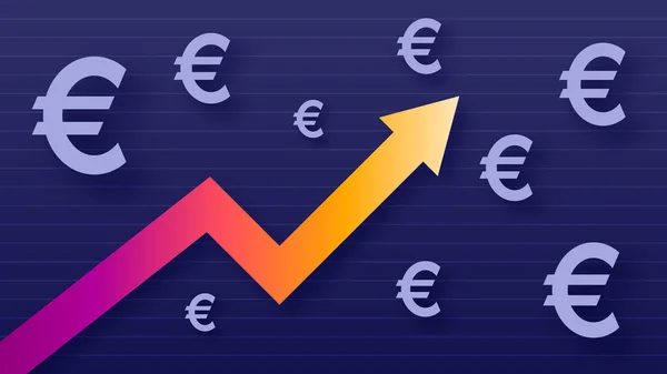 El gráfico muestra el crecimiento del valor del euro, los colores modernos de moda, la flecha de gradiente y los símbolos eur púrpura — Vector de stock