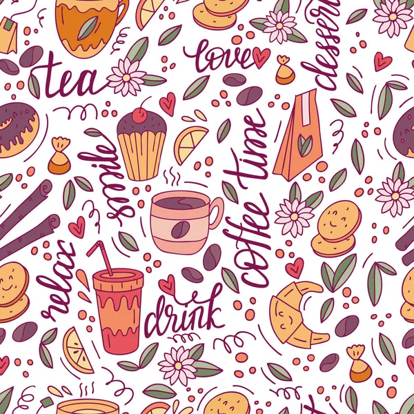 Café Muster Mit Doodle Kaffee Tee Tassen Und Desserts Nahtlose — Stockvektor