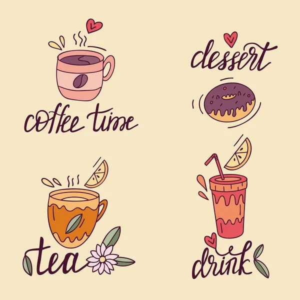 Set Lucu Ilustrasi Kopi Teh Makanan Penutup Minuman Tangan Gaya - Stok Vektor