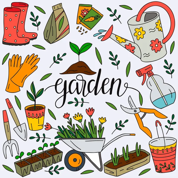 Vektorová ruka přitahuje obrázky zahradním. Zahradní nářadí a výzdoba dekorace: rostliny v květináči, rukavice, lopata, vidle, zalévání, vyvětvení. Obrázky pro zahradní farmu. — Stockový vektor