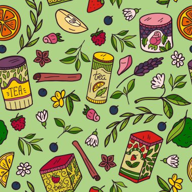 Bitkisel ve meyve çayı malzemelerle vektör tasarımı. El çizilmiş kroki koleksiyonu. Kafeler, reklam çayı, duvar kağıdı, ambalaj kağıdı için uygundur. Dikişsiz desenler.