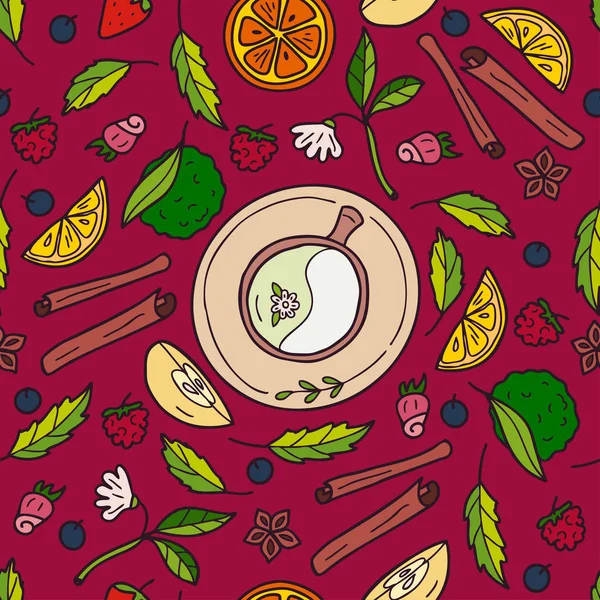 Векторный Дизайн Растительными Фруктовыми Чайными Ингредиентами Ручной Рисунок Подходит Кафе — стоковый вектор