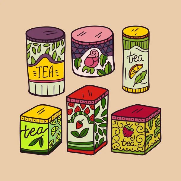 Zestaw Cute Herbaty Słoiki Ilustracja Narysowana Ręcznie — Wektor stockowy