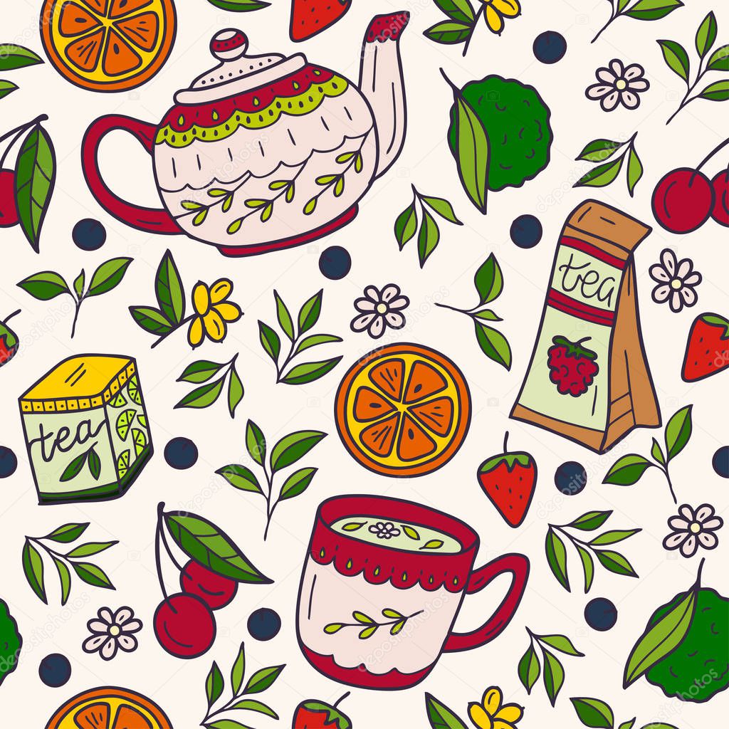 Vector design with herbal and fruit tea ingredients. Hand drawn sketch collection. Seamless patterns.