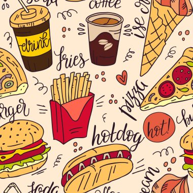 Hızlı gıda ürünlerinin Dikişsiz deseni. Beyaz arka planda izole sokak gıda ve kafe bir kroki renk Illustration. El çizilmiş çizim.