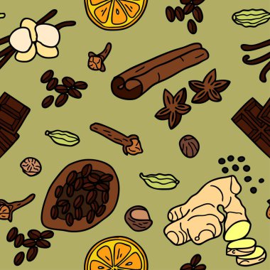 Malzemelerle Vektör basit desen: zencefil, tarçın, biber, vanilya, çikolata, kakule, hindistan cevizi, kahve çekirdekleri. Kahve yapmak için baharatlar. Elle çizilmiş illüstrasyon.