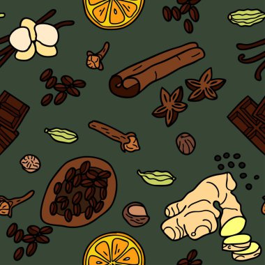 Baharatlar ile Vektör basit desen: zencefil, tarçın, biber, vanilya, çikolata, kakule, hindistan cevizi. Kahve yapmak için baharatlar. Elle çizilmiş illüstrasyon.