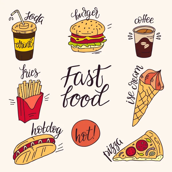 Definir Produtos Fast Food Desenho Colorido Ilustração Comida Rua Cafés — Vetor de Stock