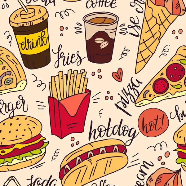 Hızlı gıda ürünlerinin Dikişsiz deseni. Beyaz arka planda izole sokak gıda ve kafe bir kroki renk Illustration. El çizilmiş çizim.