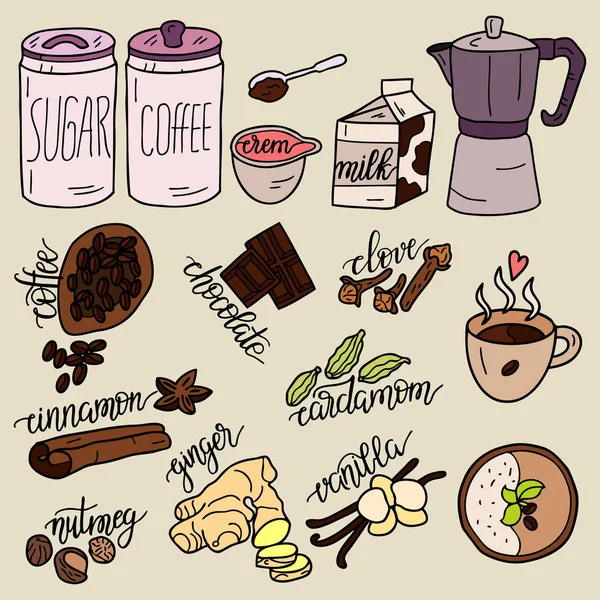 一套咖啡香料 涂鸦矢量插图与美味的软饮料和补充 手绘插图 — 图库矢量图片