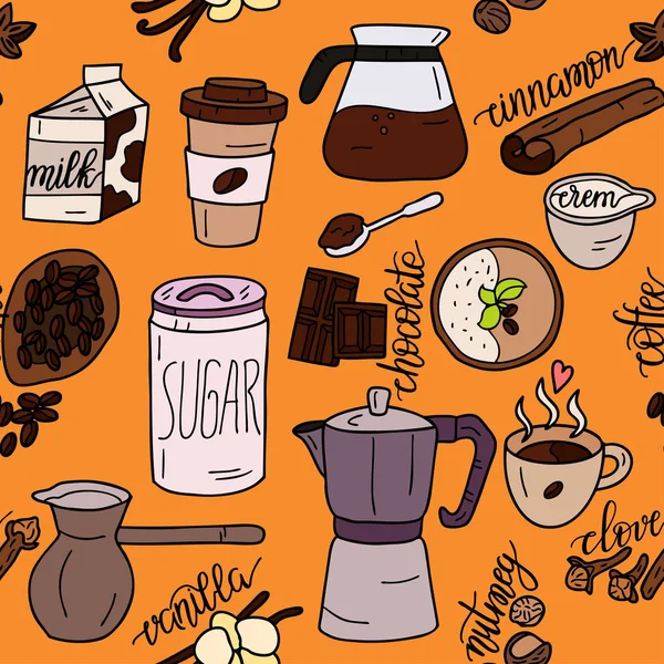 Vector Simple Pattern Spices Items Making Coffee Hand Drawn Illustration — Stock Vector