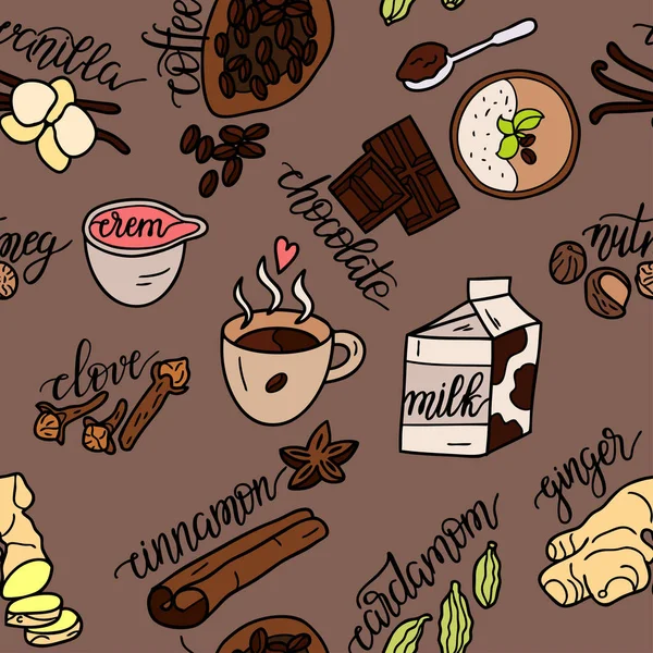 Especiarias Para Café Padrão Simples Vetorial Com Especiarias Ilustração Desenhada — Vetor de Stock