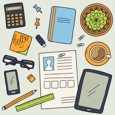 Masaüstü arka plan. Belgenin üst görünümü, not defteri, tablet, telefon, kahve. İş geçmişi, organizasyon. Elle çizilmiş illüstrasyon.