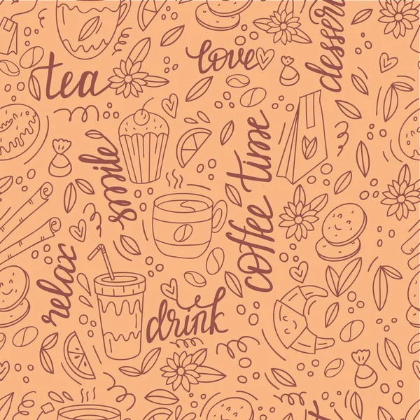 Motif Café Avec Doodle Café Thé Tasses Desserts Illustration Vectorielle — Image vectorielle