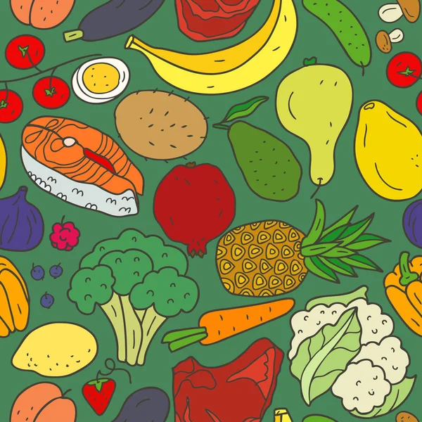 Modello Senza Cuciture Cibo Sano Con Iscrizioni Sfondo Scuro Illustrazione — Vettoriale Stock