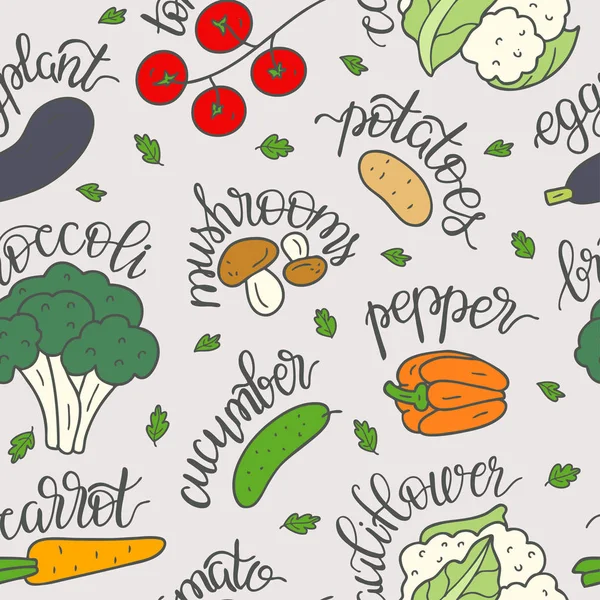 Nahtloses Mustergemüse Mit Inschriften Vegetarische Gesunde Kost Vektorillustration — Stockvektor