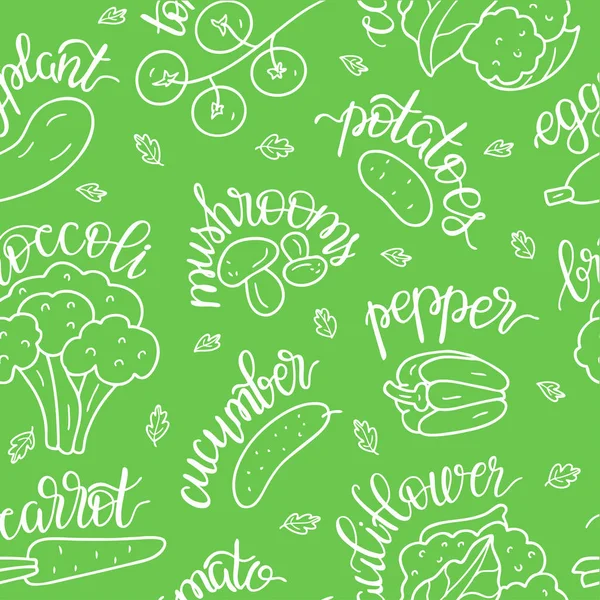 Varratmentes Mintás Zöldségek Feliratokkal Vegetáriánus Egészséges Ételek Vektoros Kézzel Rajzolt — Stock Vector