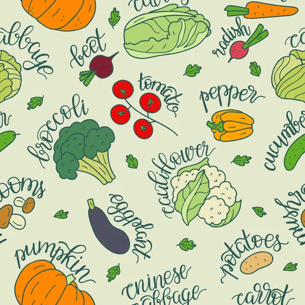 Bezproblémové Vzory Zeleniny Nápisy Vegetariánské Zdravé Jídlo Vektorová Ilustrace — Stockový vektor