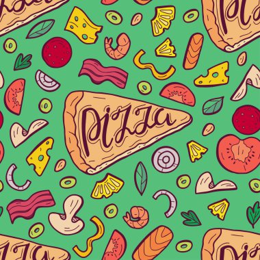 Pizza ve çeşitli malzemelerle bir dilim ile Dikişsiz desen. El çizilmiş vektör illüstrasyon. Arka plan kafe, fast food restoran, menü ve promosyon ürünleri tasarımı için.