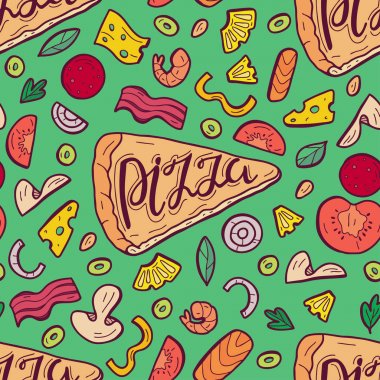 Seamless pattern with a slice of pizza and various ingredients. Hand drawn vector illustration. Background for cafe, fast food restaurant, for the design of the menu and promotional products. clipart