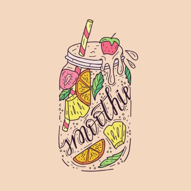 Pipetli cam şişede smoothie'ler. Çilek, ananas ve portakal ile taze meyve yüzlü. Sağlıklı yaşam tarzı. Renkli el çizilmiş illüstrasyon.