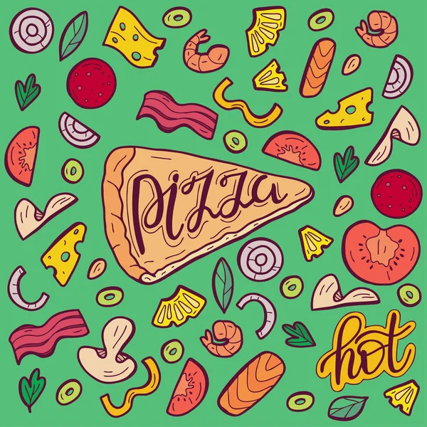 Vektor Färg Bild Pizza Skivor Med Olika Ingredienser Handritad Vektor — Stock vektor