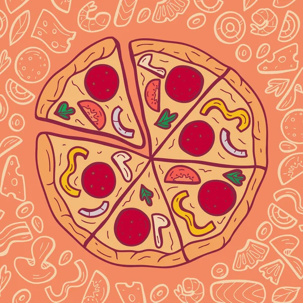 Image Vectorielle Couleur Pizza Avec Des Ingrédients Illustration Vectorielle Dessinée — Image vectorielle