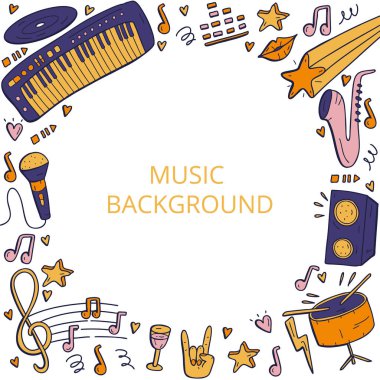 Müzik aletleri ile karikatür elle çizilmiş çerçeve. 