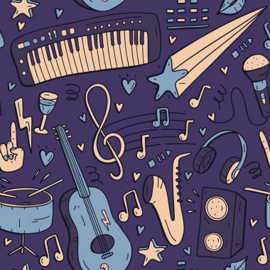 Dikişsiz desen çizgi film çizilmiş müzik aletleri.