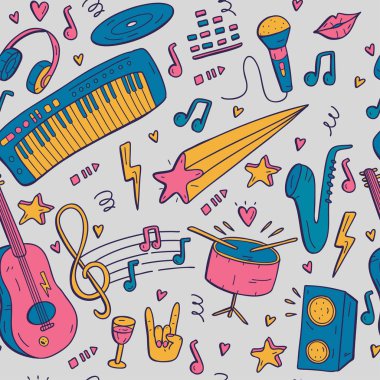 Dikişsiz desen çizgi film çizilmiş müzik aletleri.