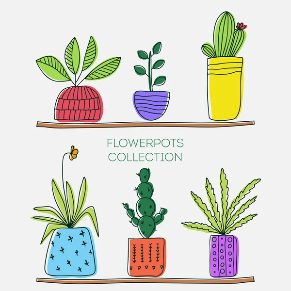 Conjunto de flores de casa, plantas em vasos. Elementos de design vetorial botânico desenhado à mão para branding, impressão têxtil de moda, cartão de convite . —  Vetores de Stock