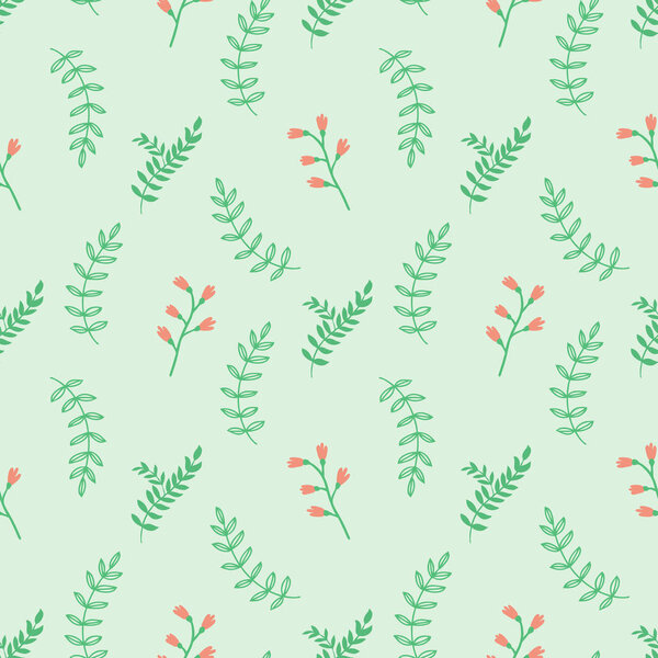 Seamless pattern with plants on a light background. Organic ornament. Suitable for printing on fabric, gift wrapping, wall decoration. Hand-drawn illustration.
