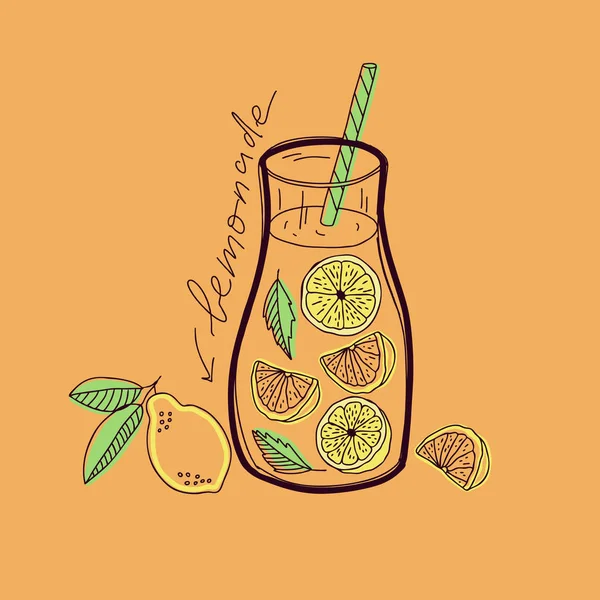 Limonada en una botella de vidrio con pajitas. Bosquejo de limonada casera, ilustración vectorial de verano, plantilla. Ilustración dibujada a mano . — Vector de stock